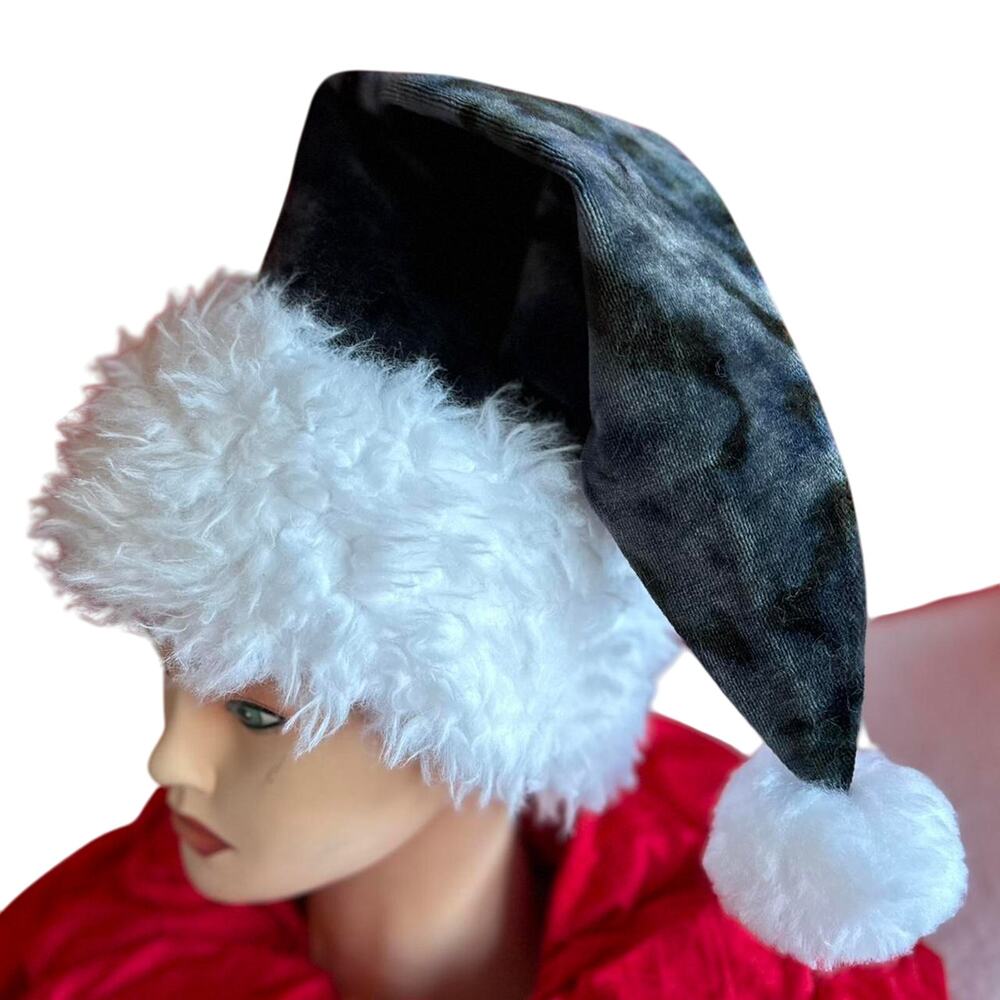 Santa Hat One Size Handmade Tie Dye Black Gray Goth Christmas Holiday Brand New